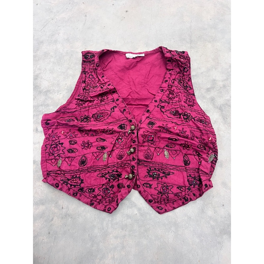 Denim Republic Vest Womens Small Pink 100% Cotton Embroidered Beaded Bohemian